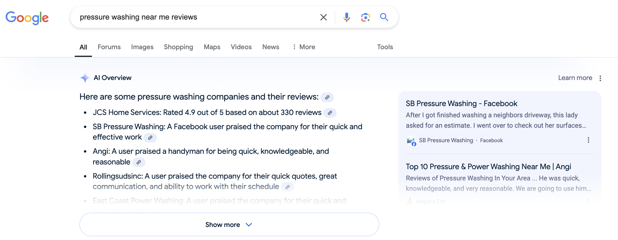 Local Business Lists w Reviews AI Overview Example